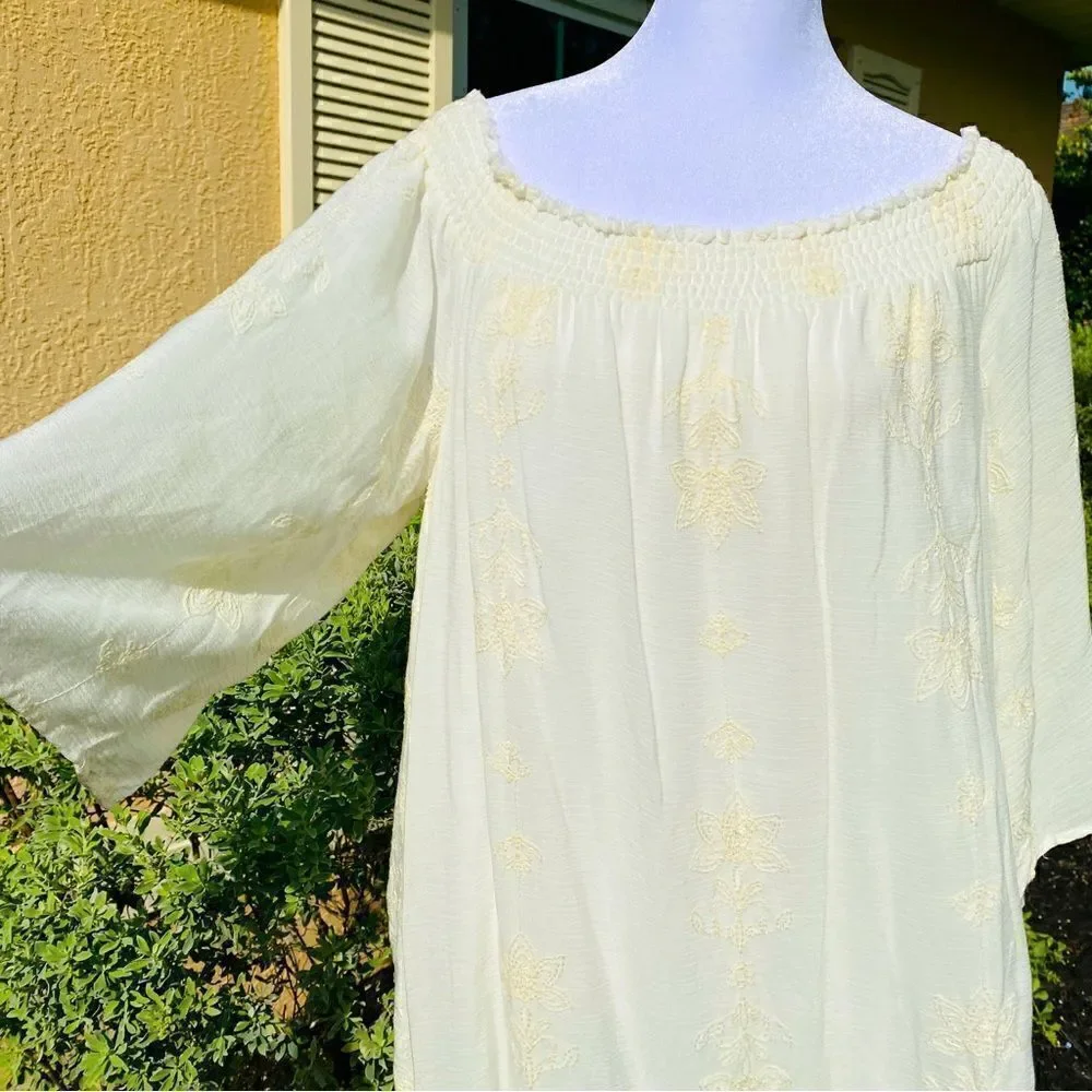 SEQUIN HEARTS OFF WHITE/IVORY WHIMSICAL PRINT OFF THE SHOULDER DRESS NWT